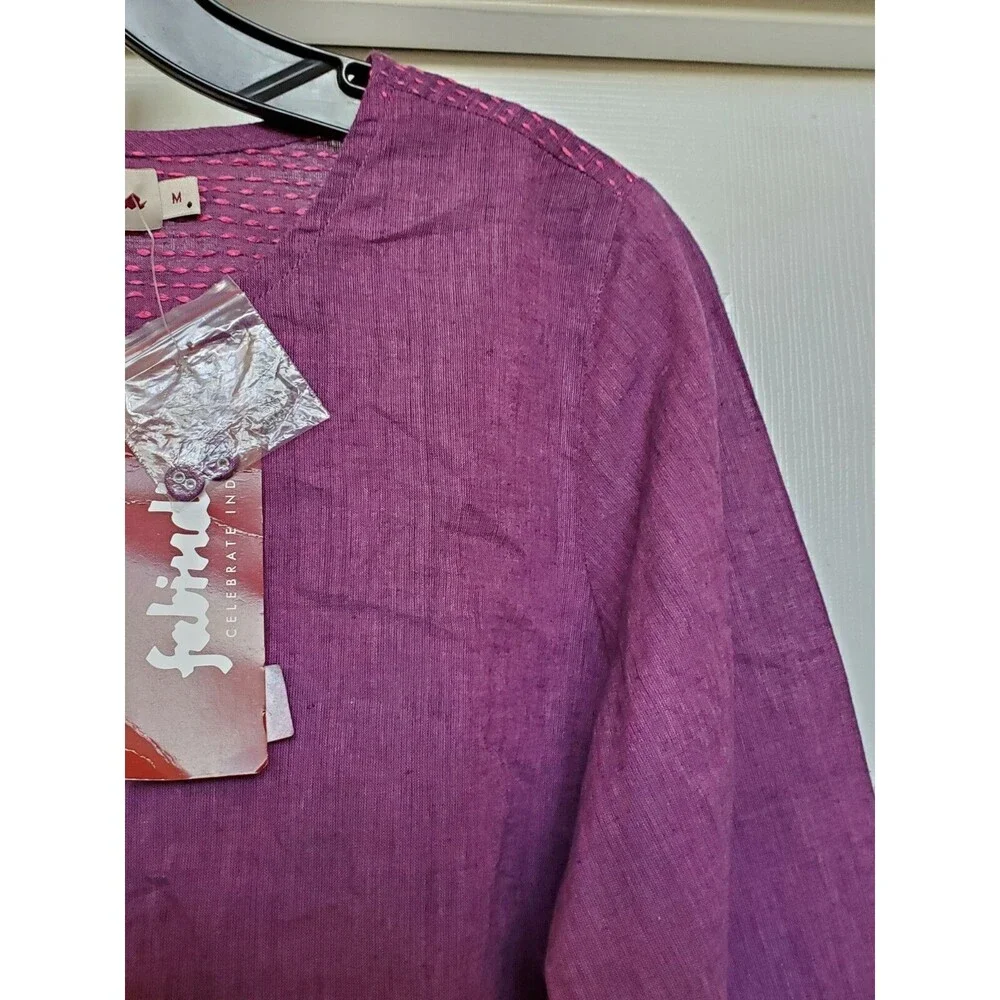 New Fabindia Purple eggplant woven Print Cotton Gota trim Tunic Top shirt sz M